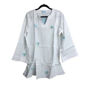 NWT Andie x Fanm Mon Serik Linen Dress White V-Neck Bell Sleeve Embroidered Rela